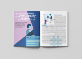 Geöffnete Broschüre die eine Illustration im Bildungsthemen-Magazin zeigt.